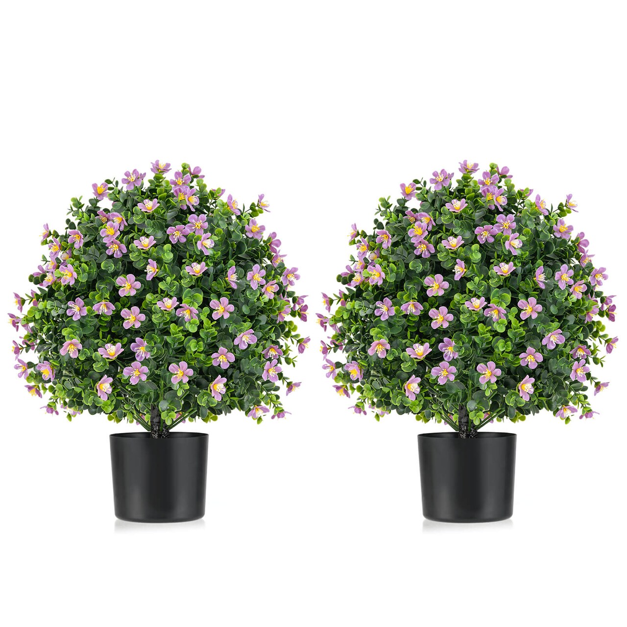 Costway 2 Pack Artificial Boxwood Topiary Ball Tree Faux Shrub Bushes with Flowers White/Purple